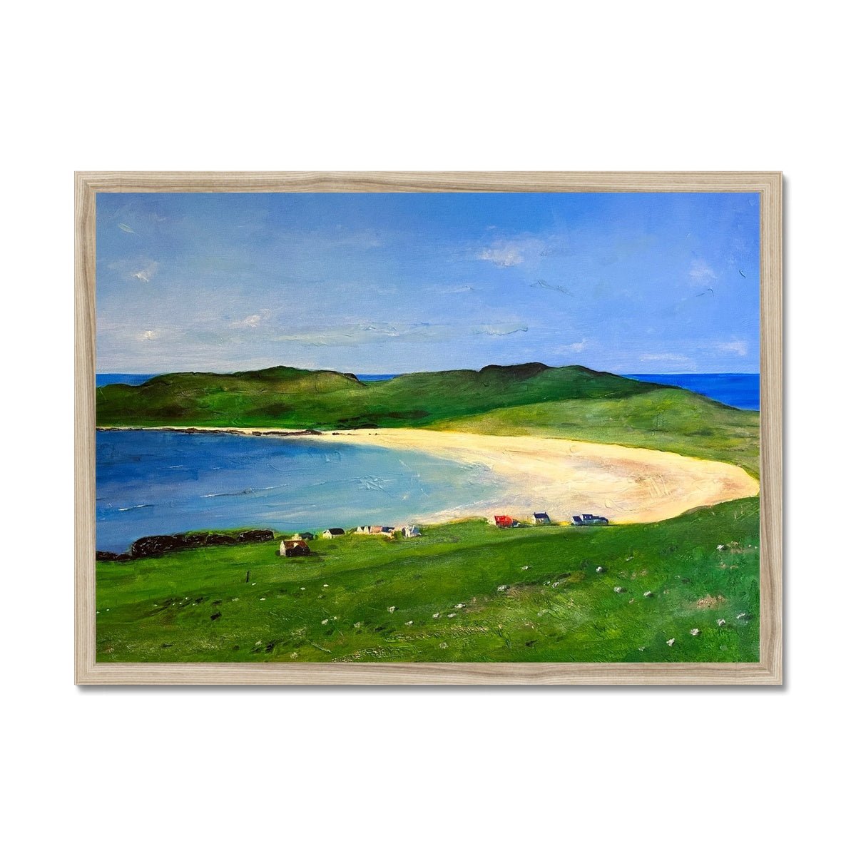 Balephuil Beach Tiree Painting | Framed Prints From Scotland-Framed Prints-Hebridean Islands Art Gallery-A2 Landscape-Natural Frame-Paintings, Prints, Homeware, Art Gifts From Scotland By Scottish Artist Kevin Hunter