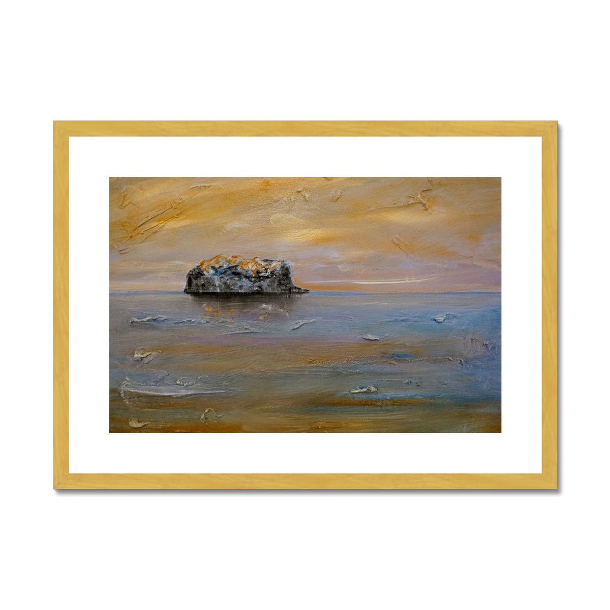 Bass Rock Dawn Painting | Antique Framed & Mounted Prints From Scotland-Antique Framed & Mounted Prints-Edinburgh & Glasgow Art Gallery-A2 Landscape-Gold Frame-Paintings, Prints, Homeware, Art Gifts From Scotland By Scottish Artist Kevin Hunter