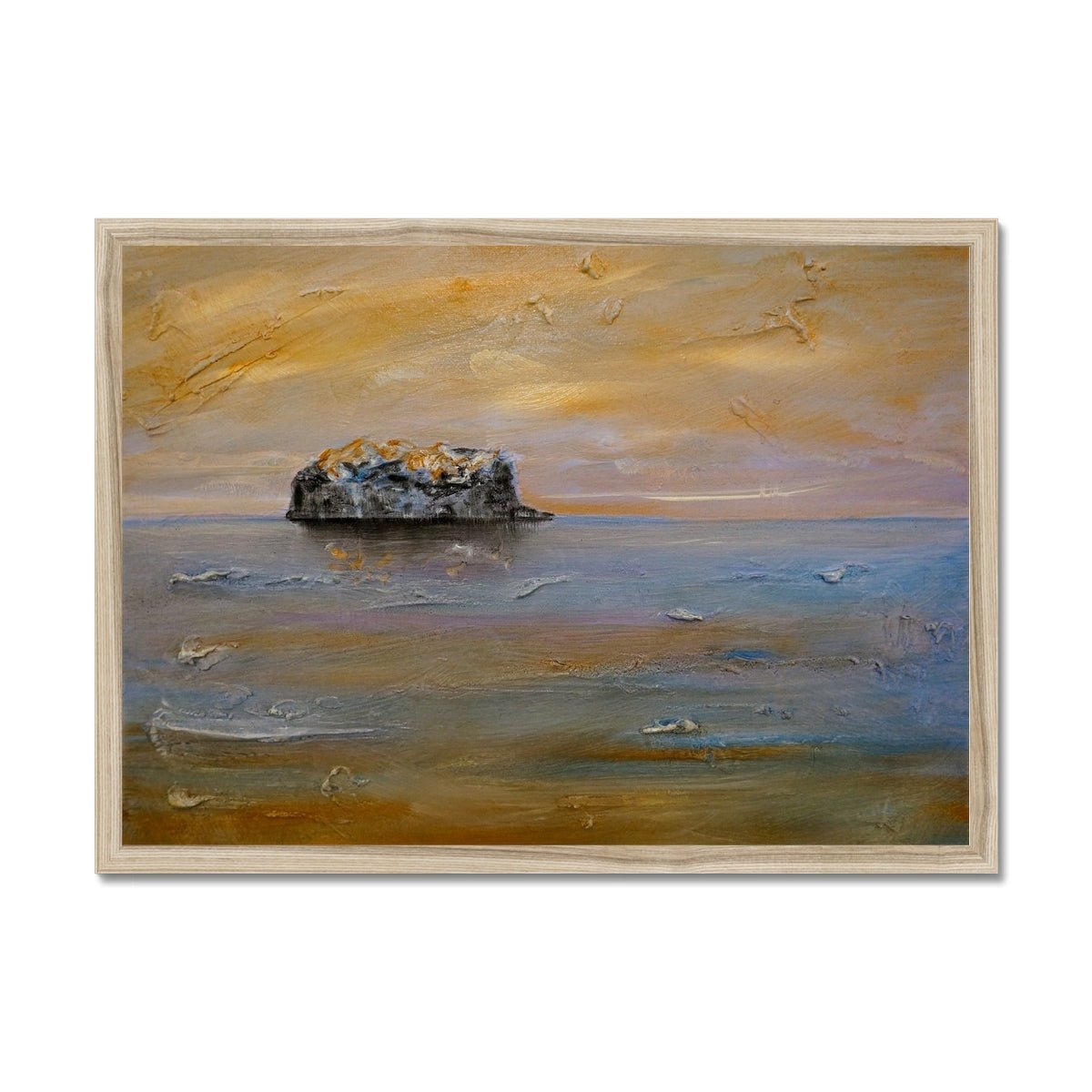 Bass Rock Dawn Painting | Framed Prints From Scotland-Framed Prints-Edinburgh & Glasgow Art Gallery-A2 Landscape-Natural Frame-Paintings, Prints, Homeware, Art Gifts From Scotland By Scottish Artist Kevin Hunter