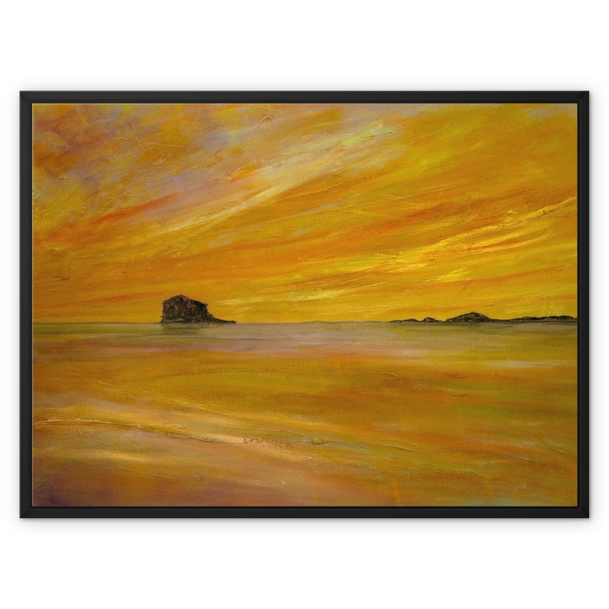 Bass Rock Dusk Painting | Framed Canvas From Scotland-Floating Framed Canvas Prints-Edinburgh & Glasgow Art Gallery-32"x24"-Black Frame-Paintings, Prints, Homeware, Art Gifts From Scotland By Scottish Artist Kevin Hunter