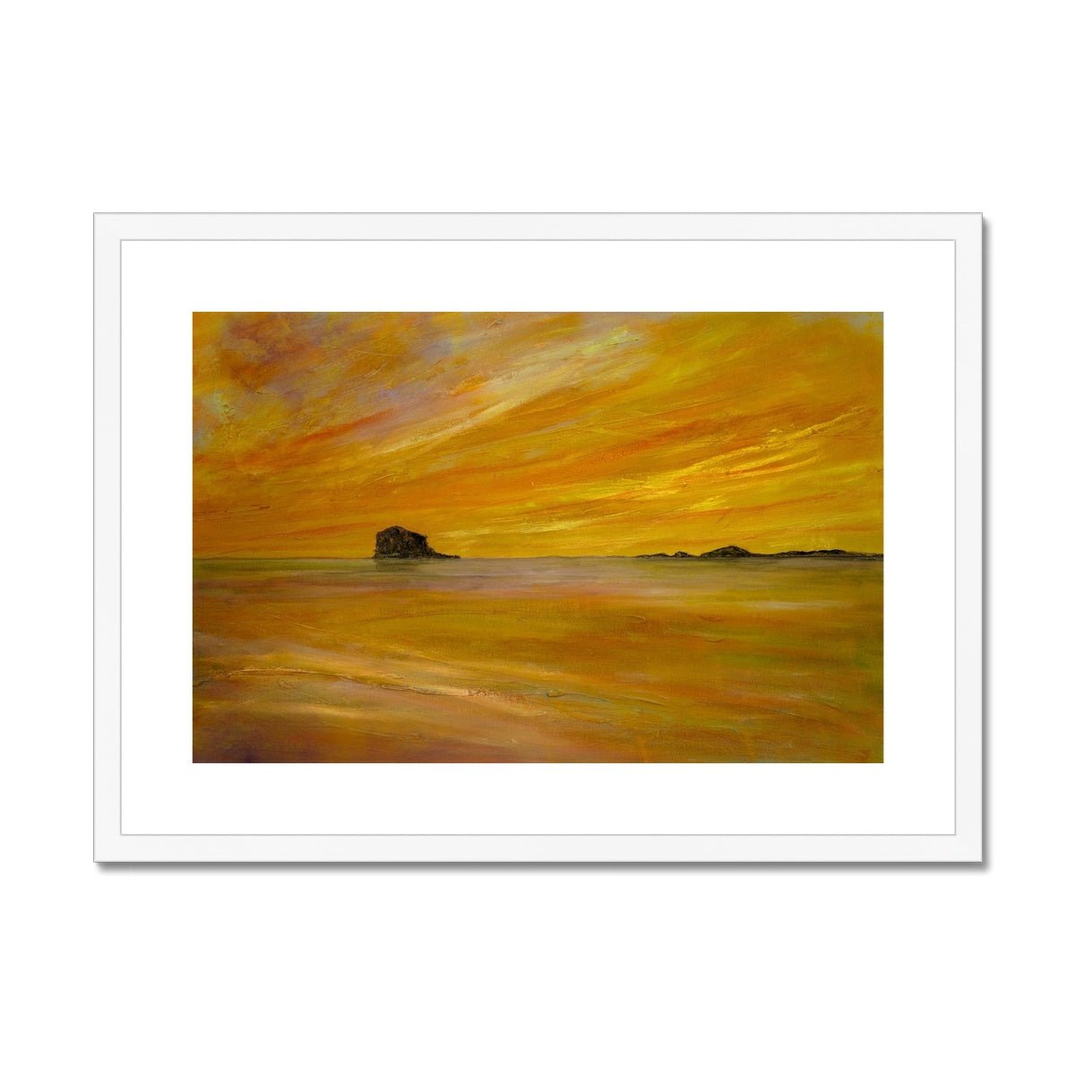 Bass Rock Dusk Painting | Framed & Mounted Prints From Scotland-Framed & Mounted Prints-Edinburgh & Glasgow Art Gallery-A2 Landscape-White Frame-Paintings, Prints, Homeware, Art Gifts From Scotland By Scottish Artist Kevin Hunter