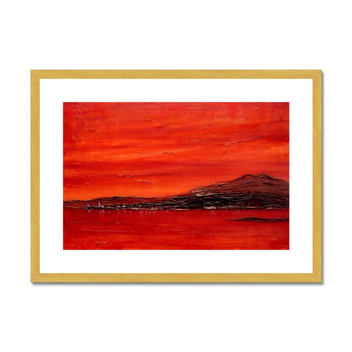 Toward Point Lighthouse Sunset Painting | Antique Framed & Mounted Prints From Scotland-Antique Framed & Mounted Prints-Arran Art Gallery-A2 Landscape-Gold Frame-Paintings, Prints, Homeware, Art Gifts From Scotland By Scottish Artist Kevin Hunter