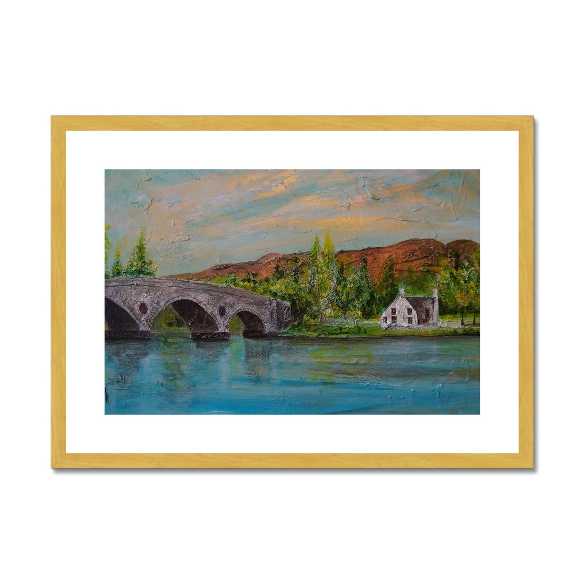 Kenmore Bridge ii Painting | Antique Framed & Mounted Prints From Scotland-Fine art-Scottish Highlands & Lowlands Art Gallery-A2 Landscape-Gold Frame-Paintings, Prints, Homeware, Art Gifts From Scotland By Scottish Artist Kevin Hunter
