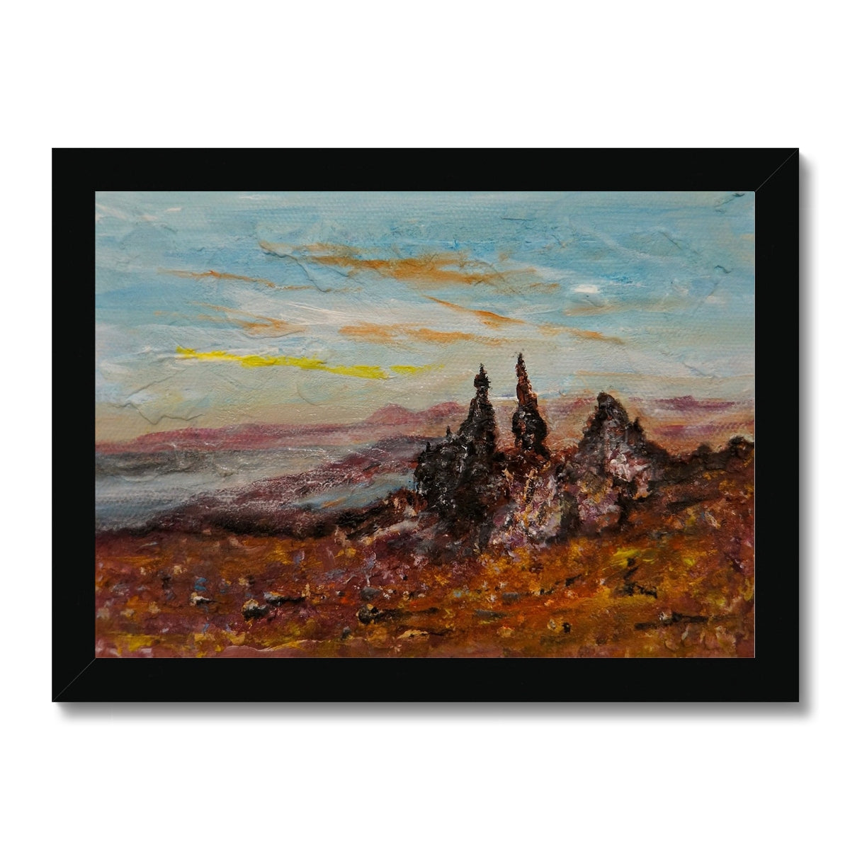 The Storr Skye Painting | Framed Prints From Scotland-Framed Prints-Skye Art Gallery-A4 Landscape-Black Frame-Paintings, Prints, Homeware, Art Gifts From Scotland By Scottish Artist Kevin Hunter