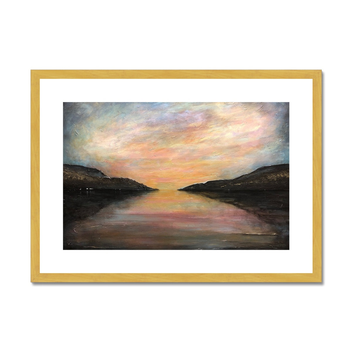 Loch Ness Glow Painting | Antique Framed & Mounted Prints From Scotland-Fine art-Scottish Lochs & Mountains Art Gallery-A2 Landscape-Gold Frame-Paintings, Prints, Homeware, Art Gifts From Scotland By Scottish Artist Kevin Hunter