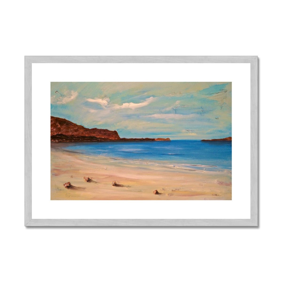 Bosta Beach Lewis Painting | Antique Framed & Mounted Prints From Scotland-Antique Framed & Mounted Prints-Hebridean Islands Art Gallery-A2 Landscape-Silver Frame-Paintings, Prints, Homeware, Art Gifts From Scotland By Scottish Artist Kevin Hunter