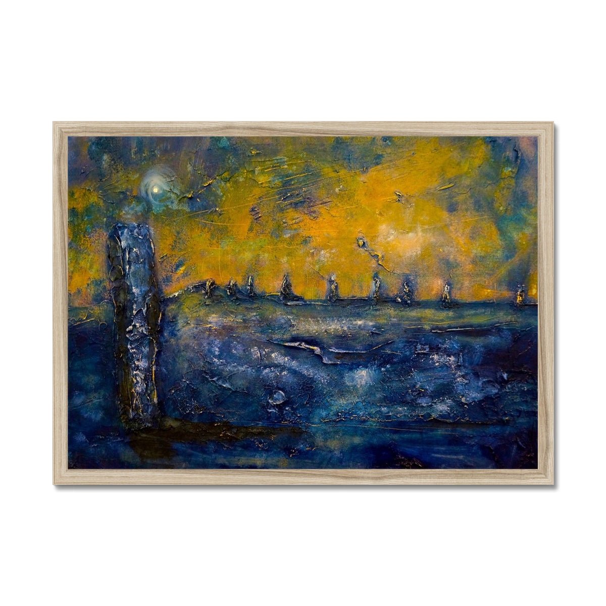 Brodgar Moonlight Orkney Painting | Framed Prints From Scotland-Framed Prints-Orkney Art Gallery-A2 Landscape-Natural Frame-Paintings, Prints, Homeware, Art Gifts From Scotland By Scottish Artist Kevin Hunter
