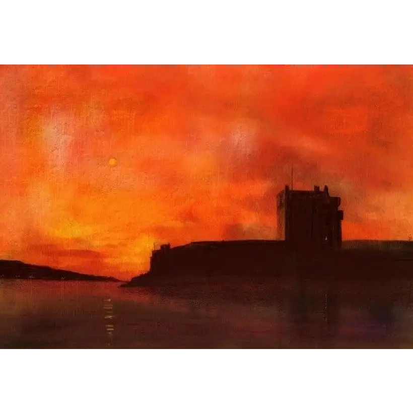 Silhouette of Broughty Castle against fiery sky in Broughty Castle Sunset art print by Scottish artist