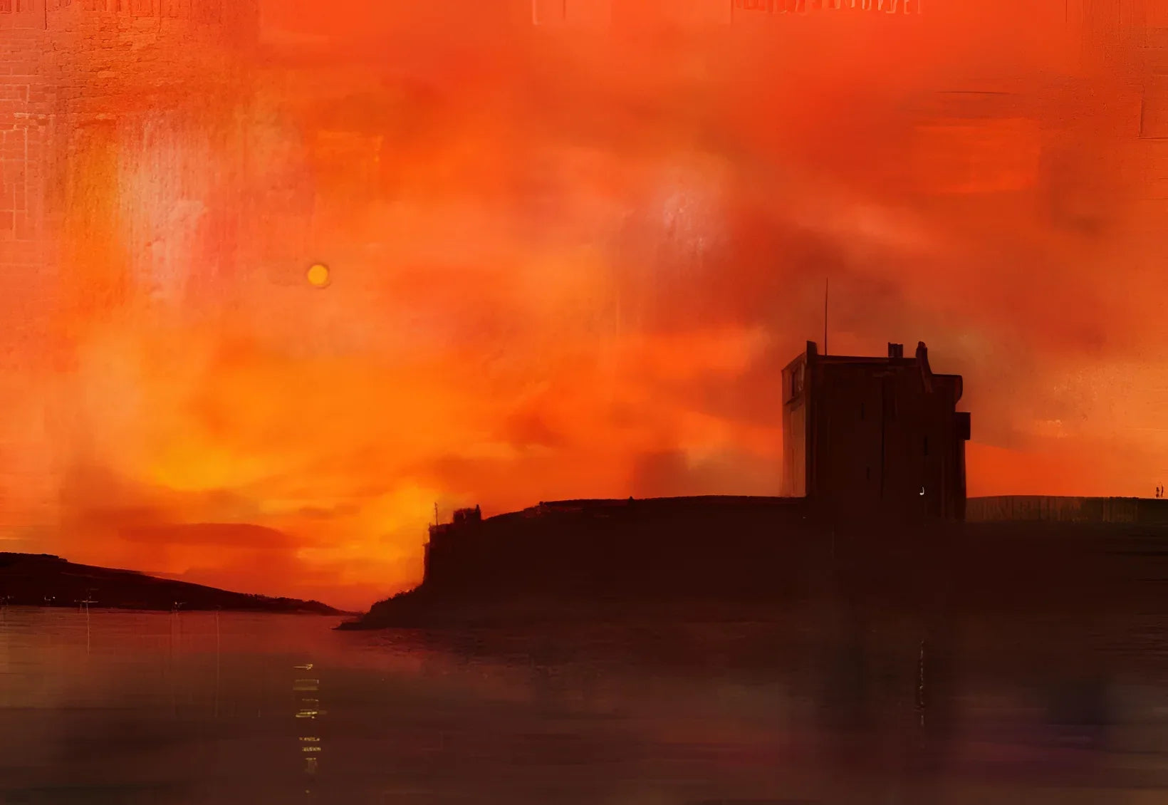 Broughty Castle Sunset - Historic & Iconic Art Gallery Scotland Worldwide Shipping Silhouette Castle Fiery Scottish Castles Paintings
