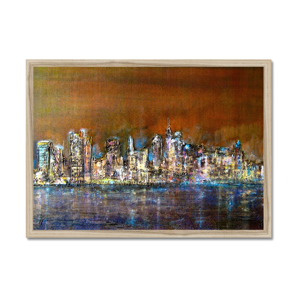 Manhattan Nights Painting | Framed Prints From Scotland-Framed Prints-World Art Gallery-A2 Landscape-Natural Frame-Paintings, Prints, Homeware, Art Gifts From Scotland By Scottish Artist Kevin Hunter