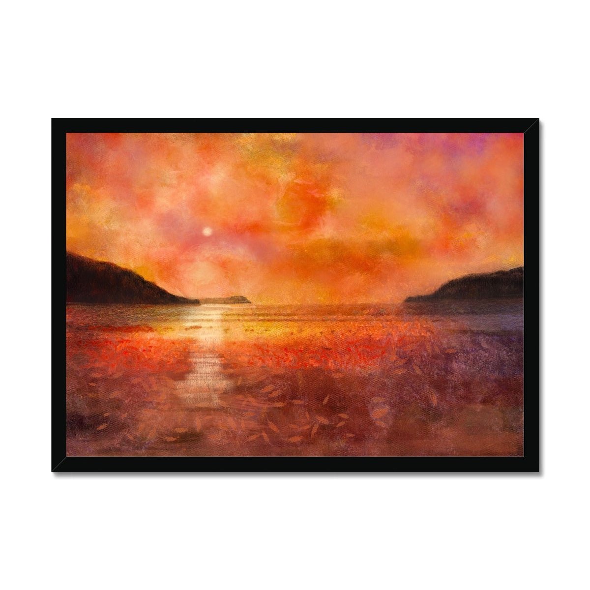 Calgary Beach Sunset Mull Painting | Framed Prints From Scotland-Framed Prints-Hebridean Islands Art Gallery-A2 Landscape-Black Frame-Paintings, Prints, Homeware, Art Gifts From Scotland By Scottish Artist Kevin Hunter