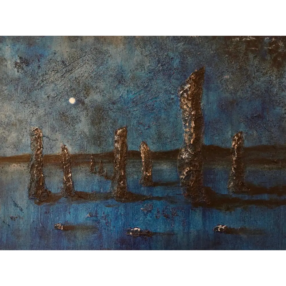 Textured blue landscape with standing stones from Callanish Moonlight Lewis art print