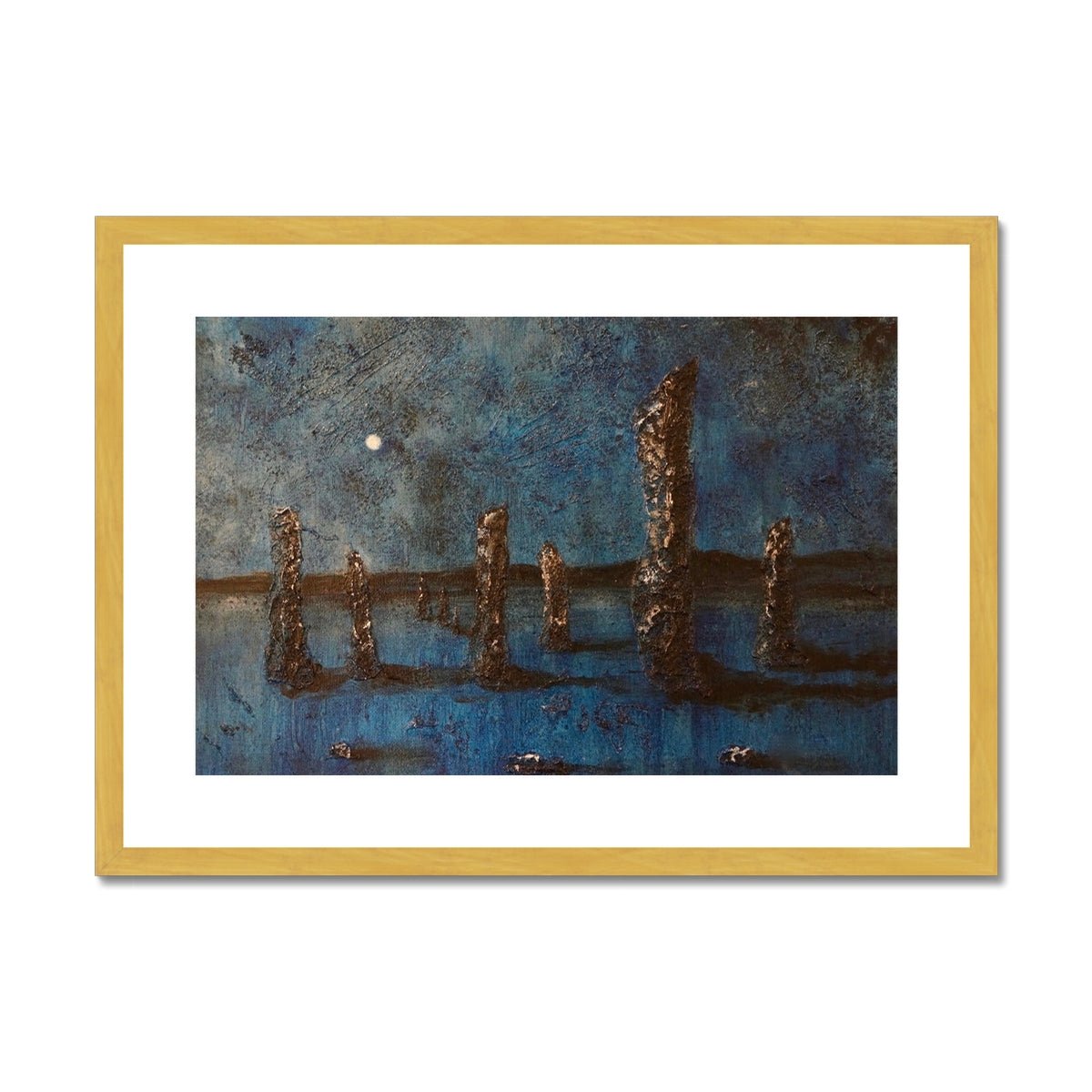 Callanish Moonlight Lewis Painting | Antique Framed & Mounted Prints From Scotland-Antique Framed & Mounted Prints-Hebridean Islands Art Gallery-A2 Landscape-Gold Frame-Paintings, Prints, Homeware, Art Gifts From Scotland By Scottish Artist Kevin Hunter
