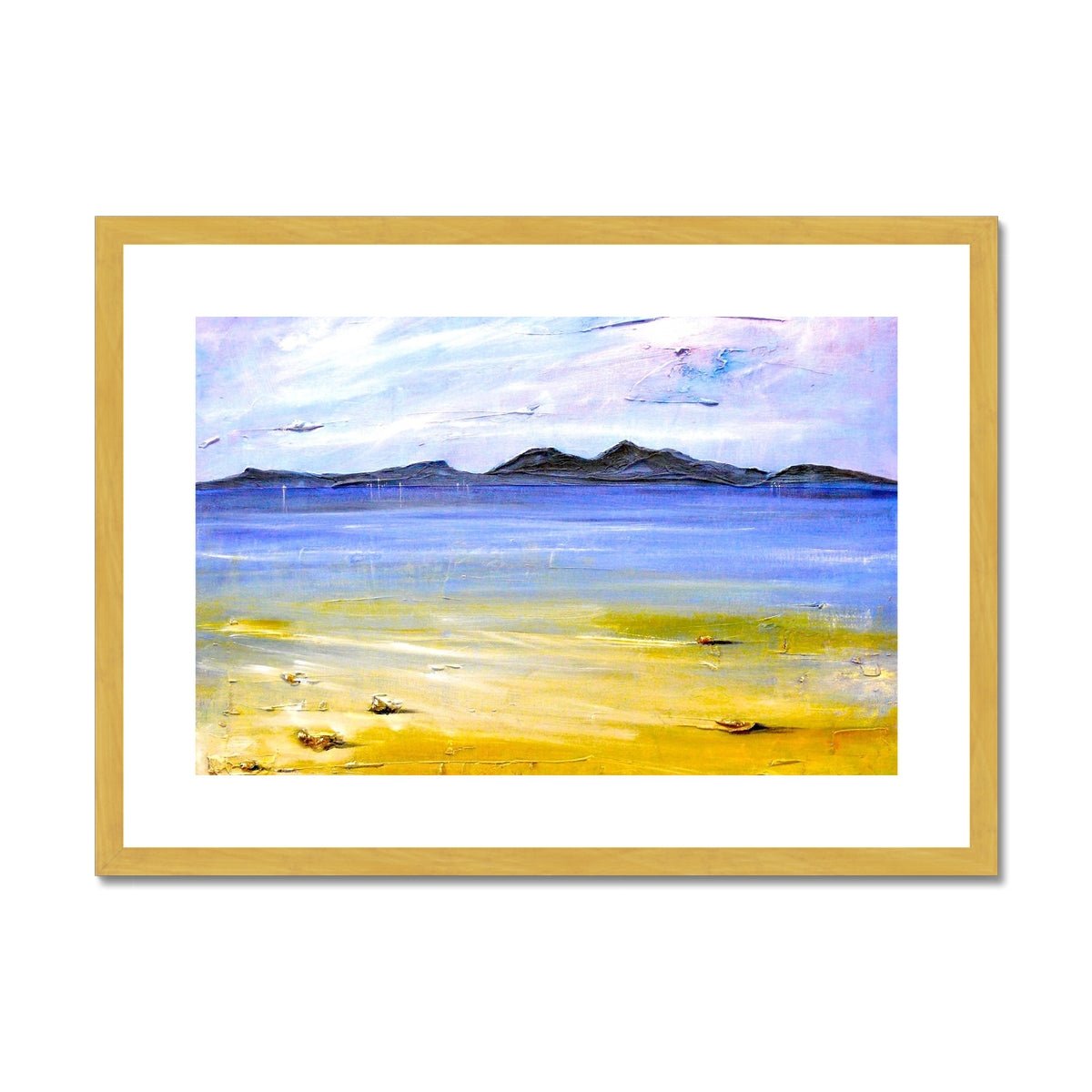Camusdarach Beach Arisaig Painting | Antique Framed & Mounted Prints From Scotland-Antique Framed & Mounted Prints-Scottish Highlands & Lowlands Art Gallery-A2 Landscape-Gold Frame-Paintings, Prints, Homeware, Art Gifts From Scotland By Scottish Artist Kevin Hunter