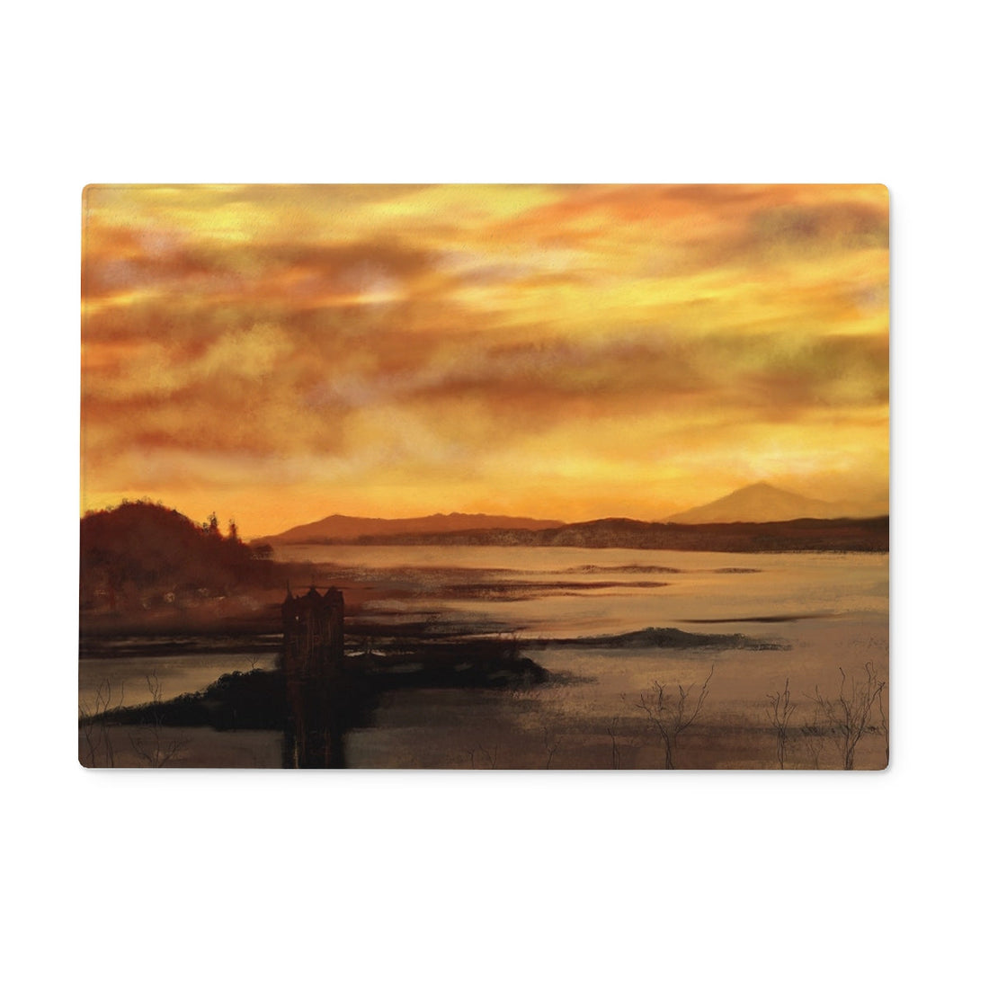 Castle Stalker Dusk Art Gifts Glass Chopping Board | Historic &amp; Iconic Scotland Art Gallery | Paintings, Prints, Homeware and Art Gifts From Scotland By Scottish Artist Kevin Hunter