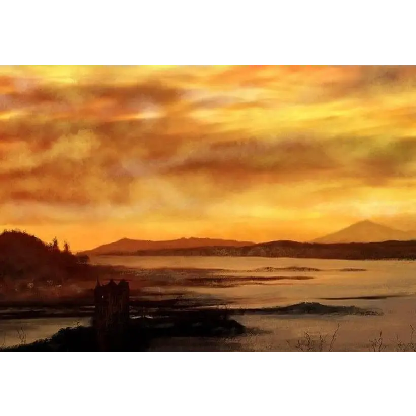 Golden sunset over water with Castle Stalker Dusk inspired by Scottish artist for stalker dusk art prints