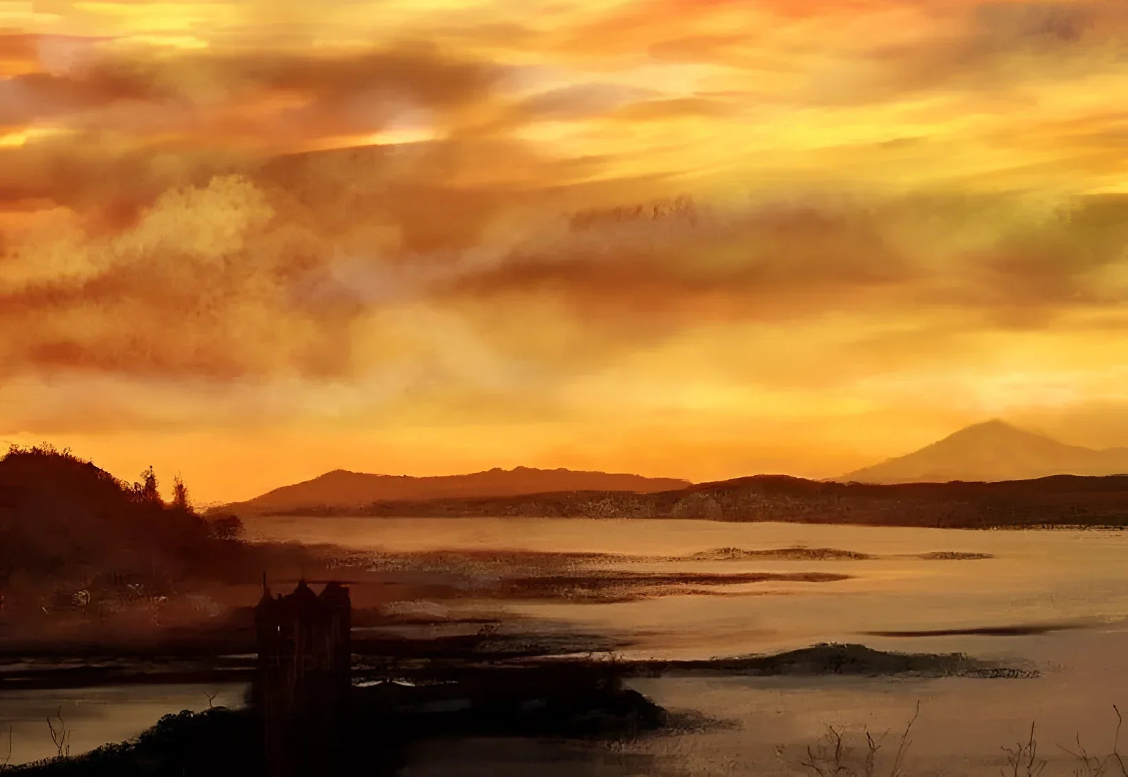 Castle Stalker Dusk - Historic & Iconic Art Gallery Scotland Worldwide Shipping Golden Sunset Water Scottish Castles Paintings and Fine