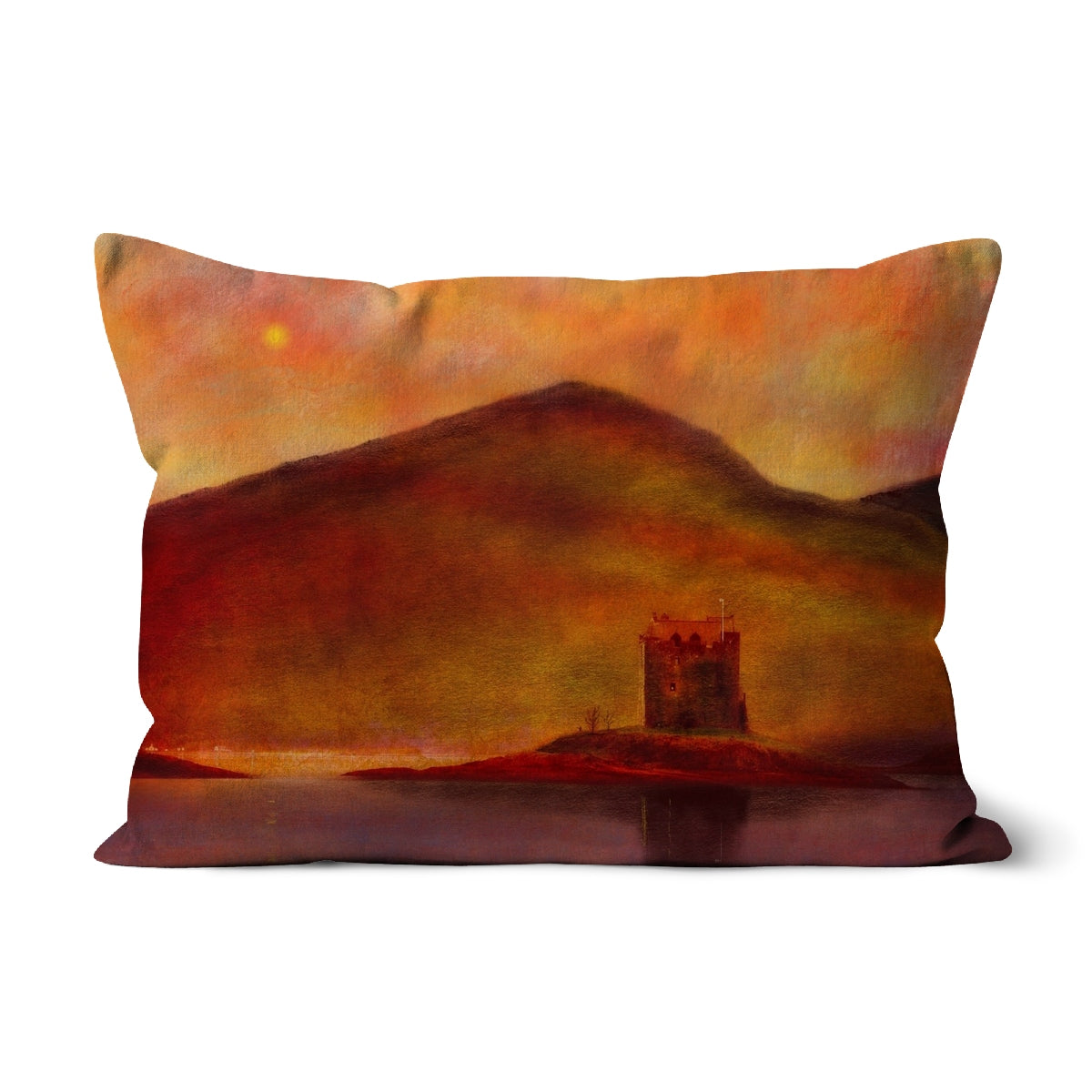 Castle Stalker Sunset Art Gifts Cushion | Historic &amp; Iconic Scotland Art Gallery | Paintings, Prints, Homeware and Art Gifts From Scotland By Scottish Artist Kevin Hunter