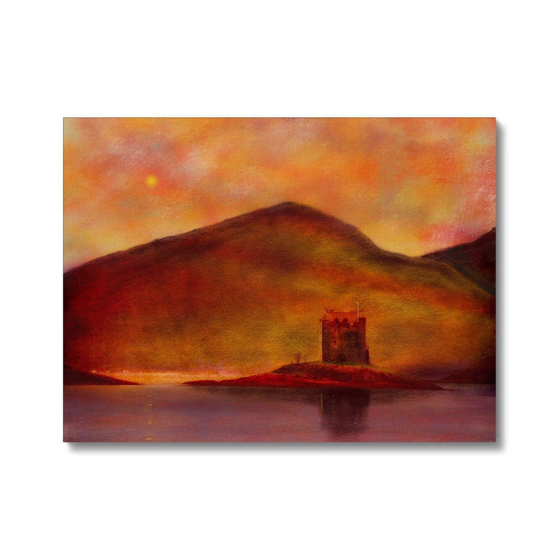 Castle Stalker Sunset Canvas | Historic &amp; Iconic Scotland Art Gallery | Paintings, Prints, Homeware and Art Gifts From Scotland By Scottish Artist Kevin Hunter