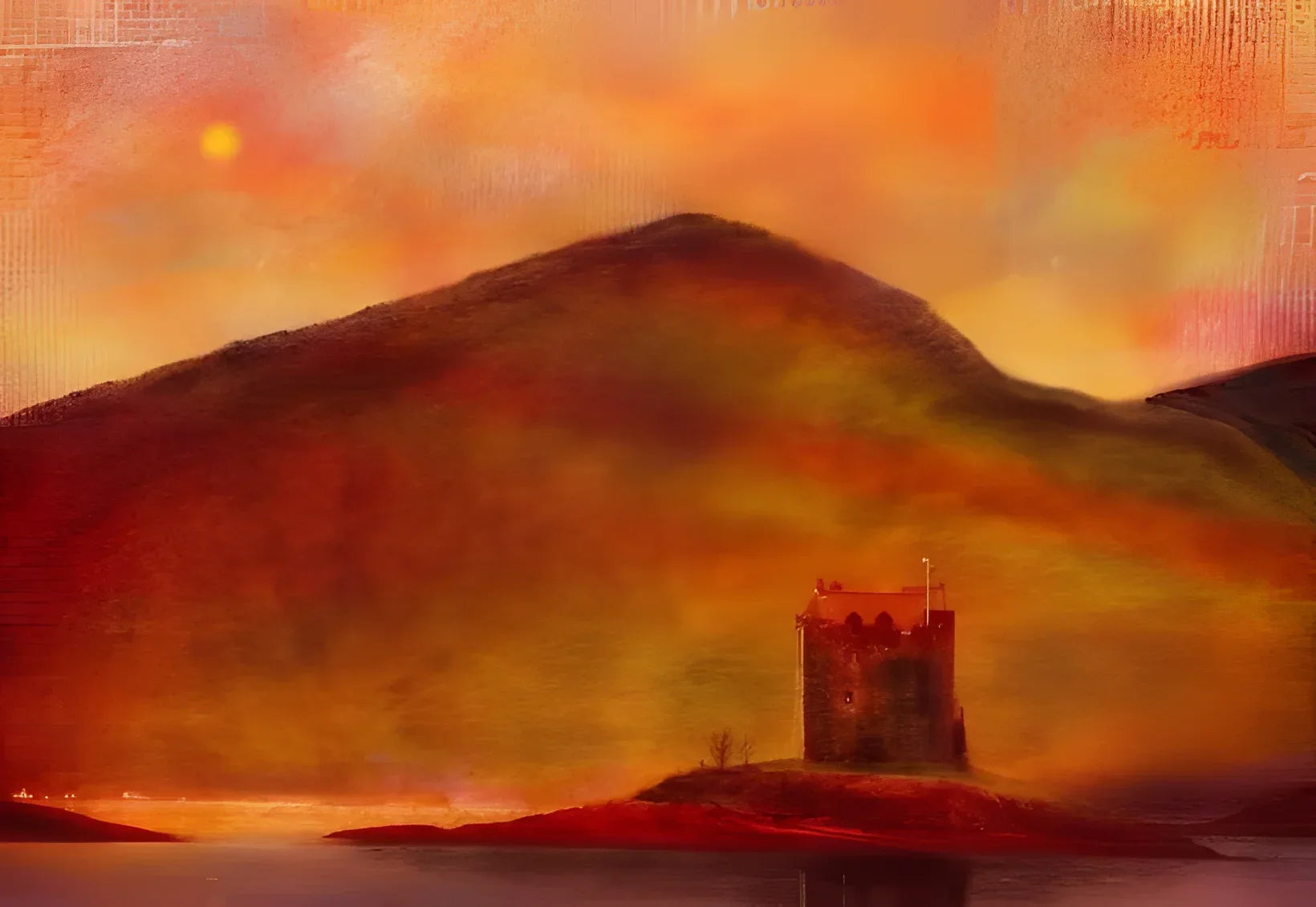 Castle Stalker Sunset - Historic & Iconic Art Gallery Scotland Worldwide Shipping Rustic Tower Promontory Scottish Castles Paintings