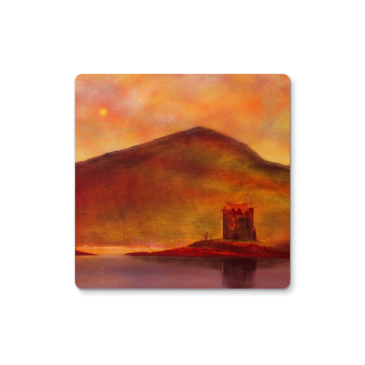 Castle Stalker Sunset | Scottish Art Gifts | Coaster | Historic &amp; Iconic Scotland Art Gallery | Paintings, Prints, Homeware and Art Gifts From Scotland By Scottish Artist Kevin Hunter