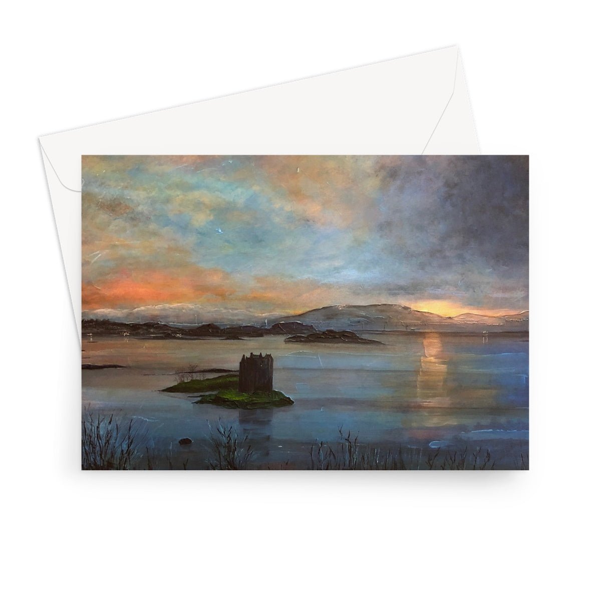 Castle Stalker Twilight Art Gifts Greeting Card-Greetings Cards-Historic & Iconic Scotland Art Gallery-7"x5"-10 Cards-Paintings, Prints, Homeware, Art Gifts From Scotland By Scottish Artist Kevin Hunter