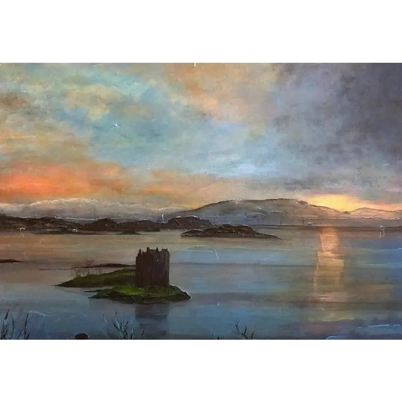 Island castle ruin, Castle Stalker Twilight art print by Scottish artist, stalker twilight art prints