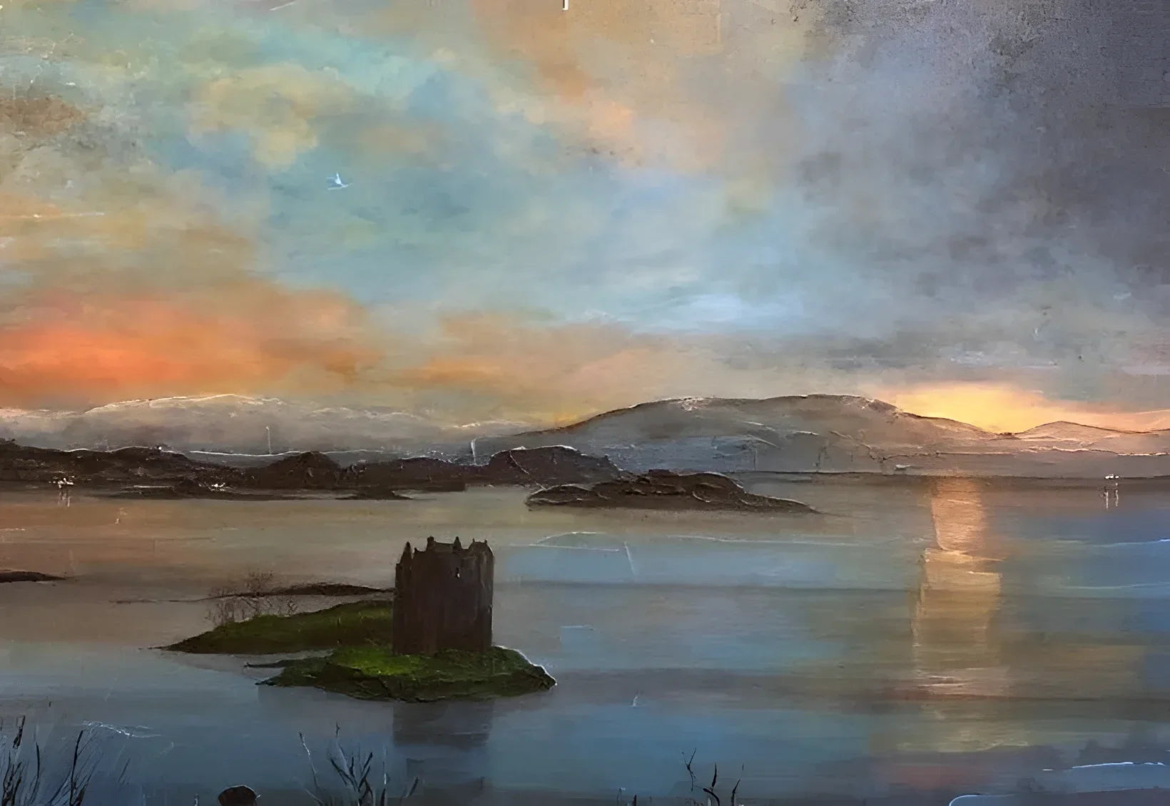 Castle Stalker Twilight - Historic & Iconic Art Gallery Scotland Worldwide Shipping Island Castle Ruin Scottish Castles Paintings and Fine
