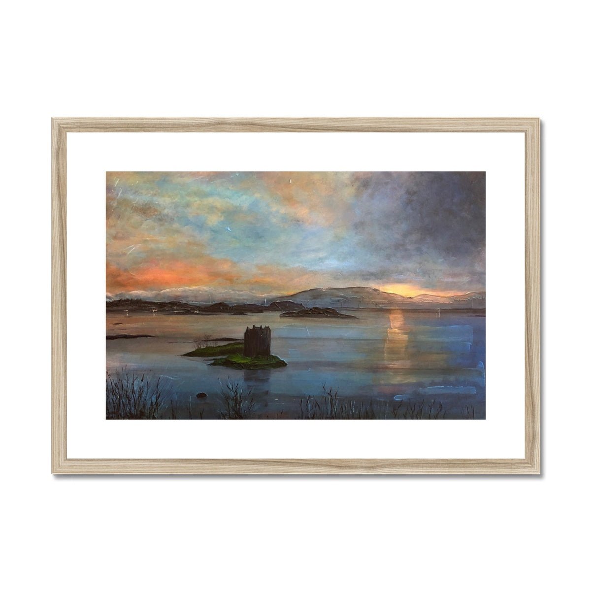 Castle Stalker Twilight Painting | Framed & Mounted Prints From Scotland-Framed & Mounted Prints-Historic & Iconic Scotland Art Gallery-A2 Landscape-Natural Frame-Paintings, Prints, Homeware, Art Gifts From Scotland By Scottish Artist Kevin Hunter