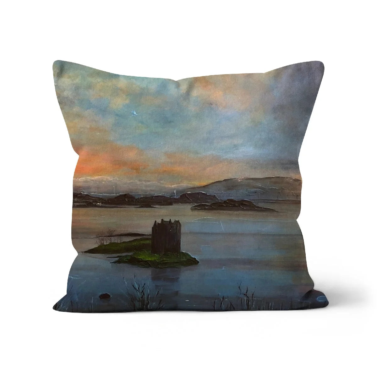 Castle Stalker Twilight Cushion - Historic & Iconic Art Gallery Scotland Worldwide Shipping Square Decorative Throw Scottish Castles