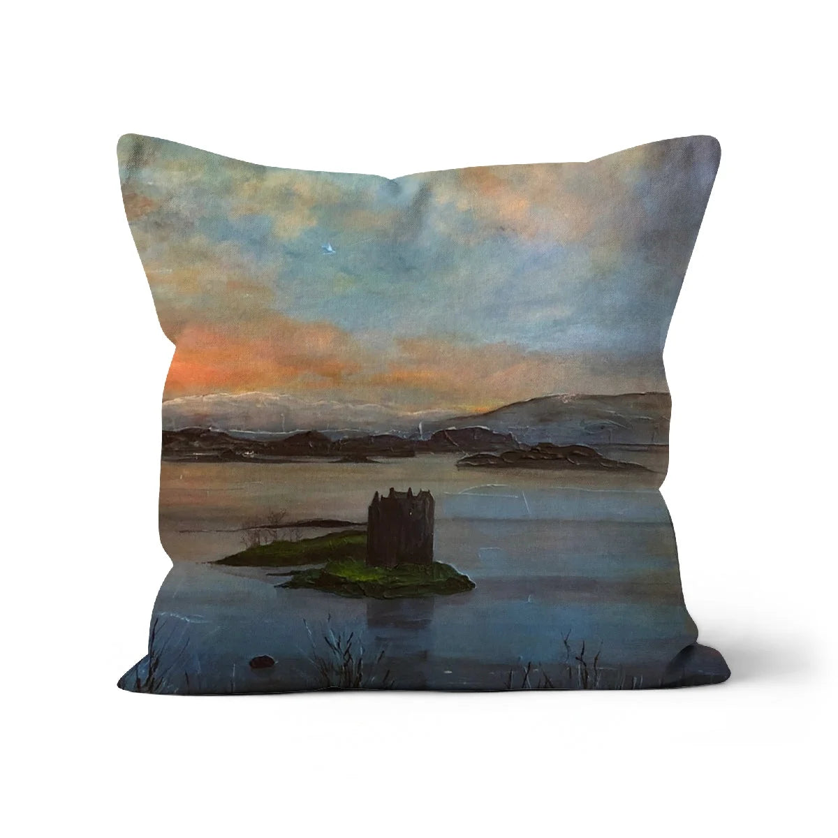 Castle Stalker Twilight Cushion - Historic & Iconic Art Gallery Scotland Worldwide Shipping Decorative Throw Pillow Scottish Castles