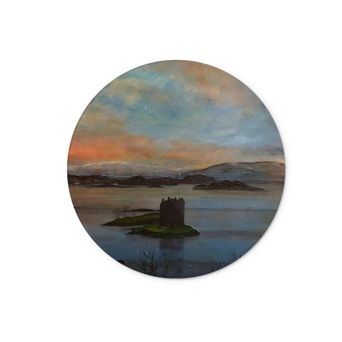 Castle Stalker Twilight Glass Chopping Board - Historic & Iconic Art Gallery Scotland Worldwide Shipping Round Painting Scenic Scottish