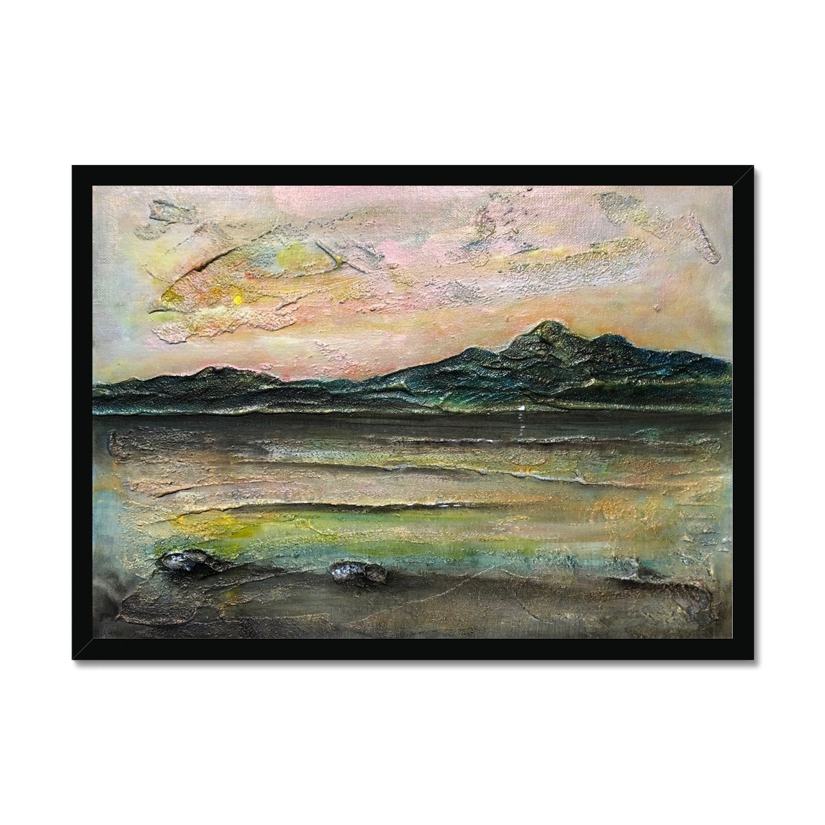 An Ethereal Loch Na Dal Skye Painting | Framed Prints From Scotland-Framed Prints-Scottish Lochs & Mountains Art Gallery-A2 Landscape-Black Frame-Paintings, Prints, Homeware, Art Gifts From Scotland By Scottish Artist Kevin Hunter