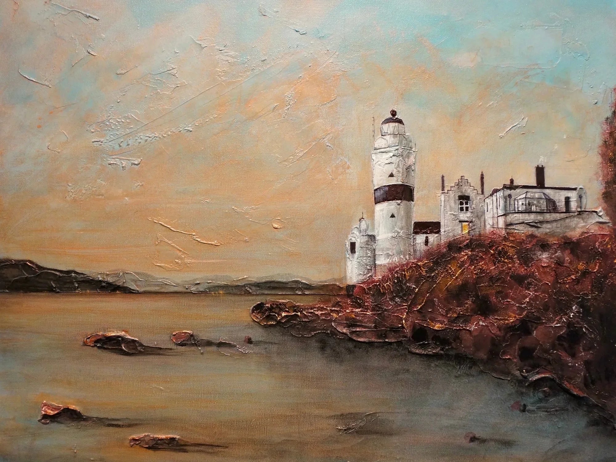 Cloch Lighthouse Dawn Wooden Art Block - River Clyde Gallery Scotland Worldwide Shipping Textured Oil Painting Scottish Landscape Prints