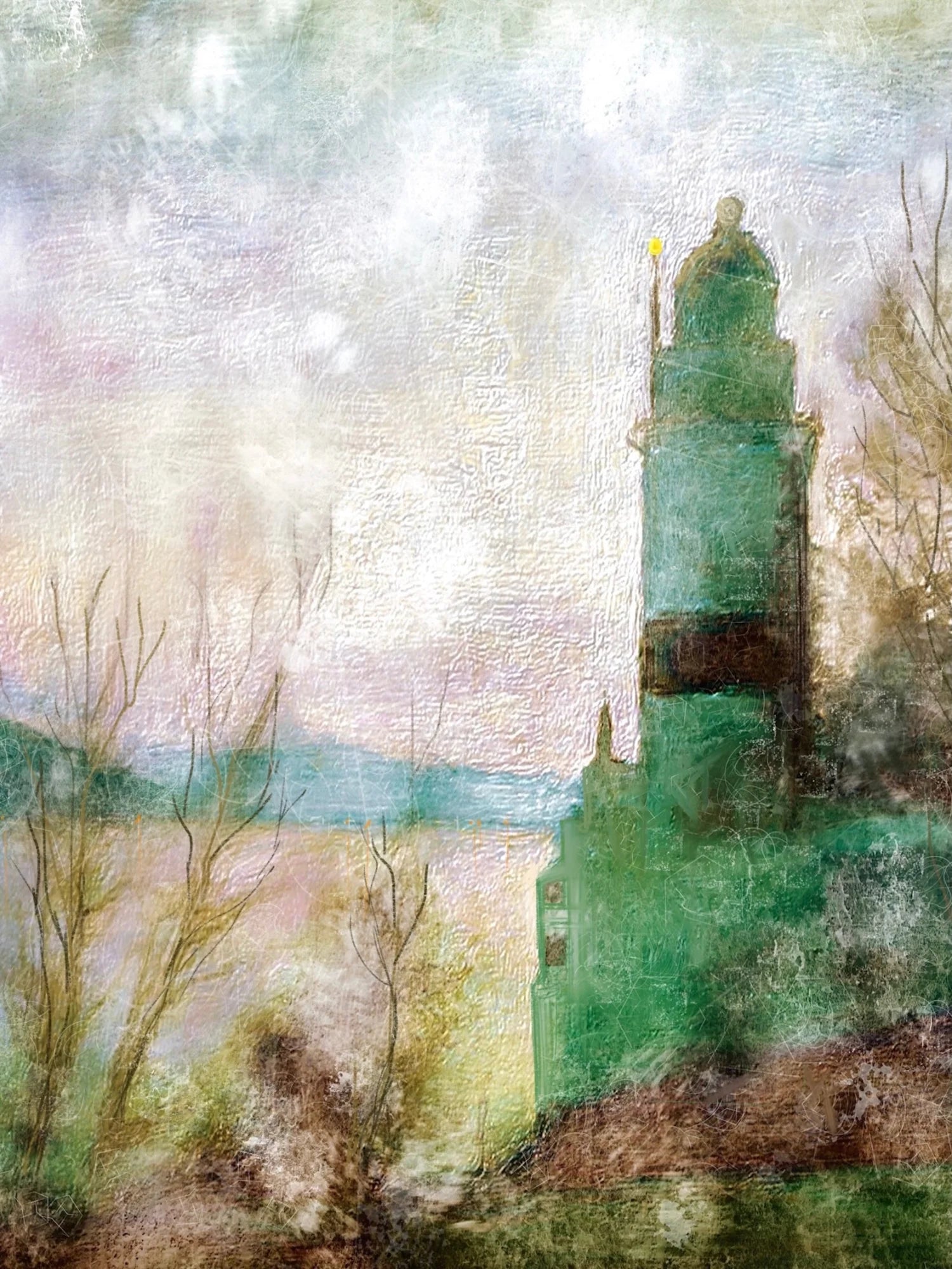 Cloch Lighthouse Mist - River Clyde Art Gallery Scotland Worldwide Shipping Impressionistic Painting Lighthouse Kevin Hunter Portfolio