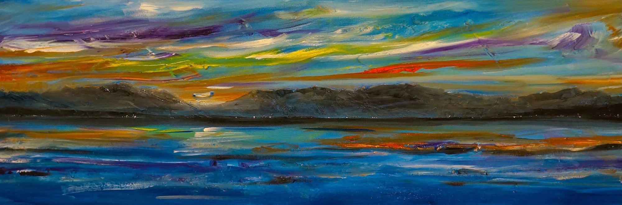 Clyde Summer Dusk Original Panoramic Painting on Canvas - River Art Gallery Scotland Worldwide Shipping Paintings and Prints by Artist