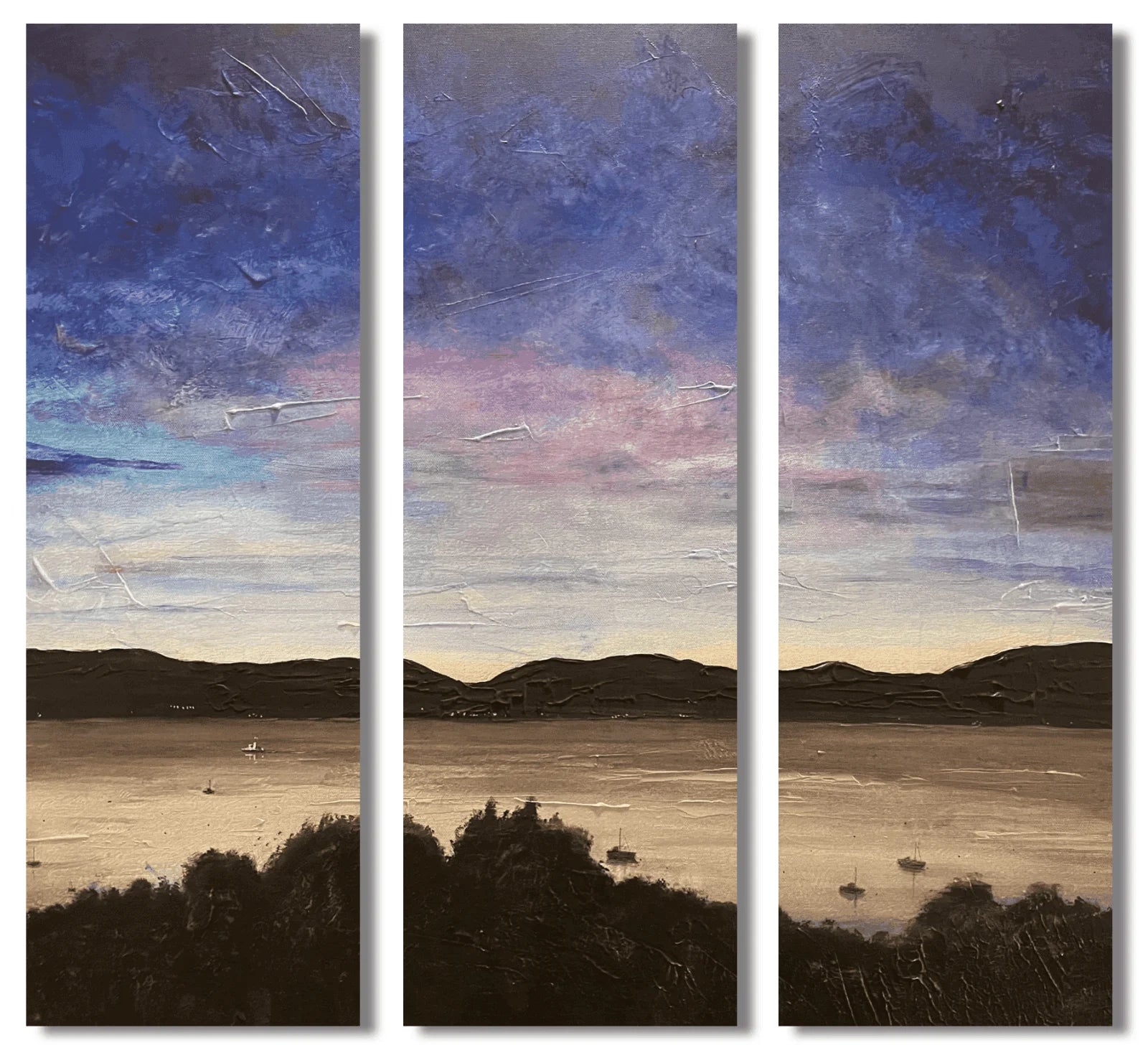 Clyde Twilight Triptych | Statement Interior Wall Art from Scotland - River Gallery Worldwide Shipping Triptych Landscape Painting Scottish