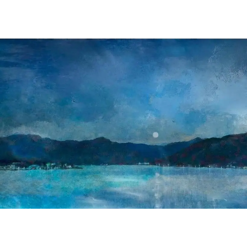 Blue landscape painting featuring Clyde Winter Morning and Winter Morning Moon art