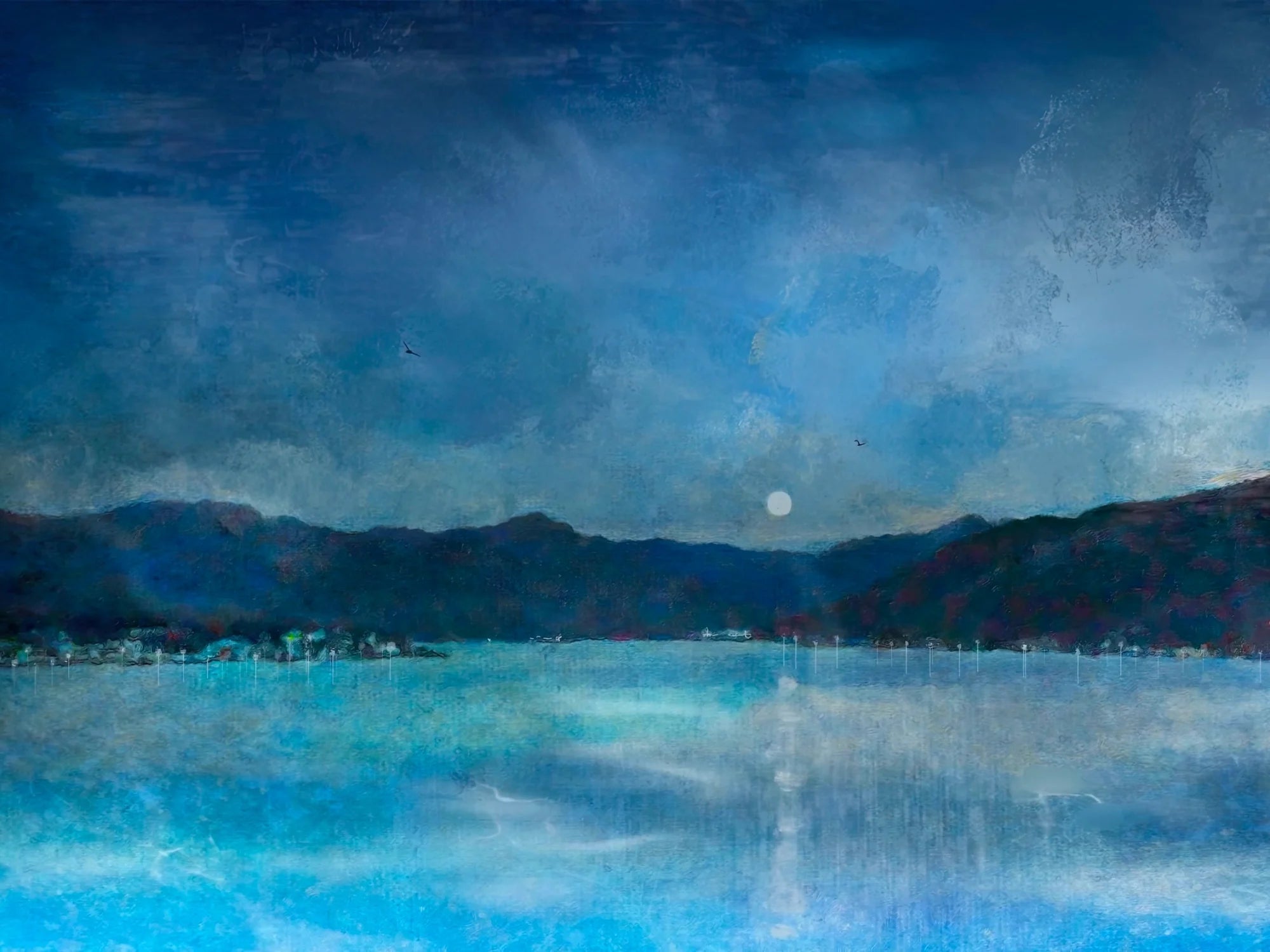 Clyde Winter Morning Moon - River Art Gallery Scotland Worldwide Shipping Dark Blue Landscape Kevin Hunter Portfolio Giclee Prints
