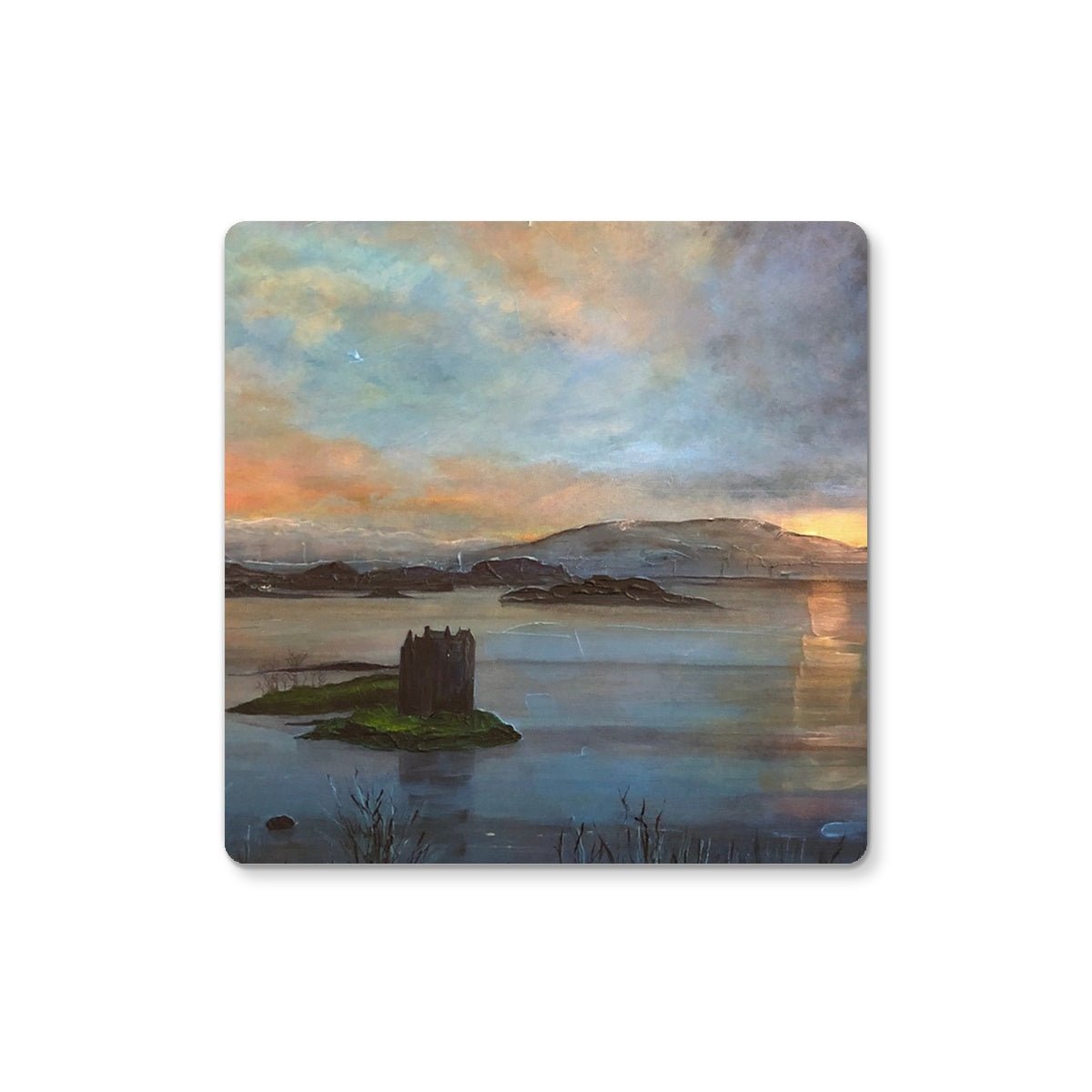 Castle Stalker Twilight Art Gift Coaster-Coasters-Scottish Castles Art Gallery-2 Coasters-Paintings, Prints, Homeware, Art Gifts From Scotland By Scottish Artist Kevin Hunter