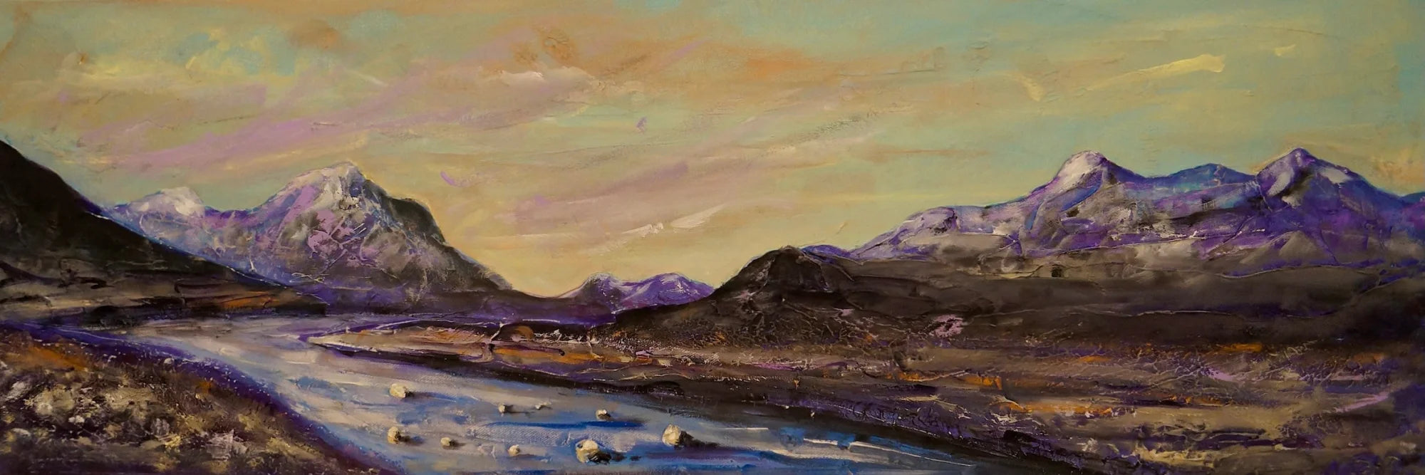 Cuillin Winter Skye Original Panoramic Painting on Canvas - Art Gallery Scotland Worldwide Shipping Paintings and Prints by Artist Hunter