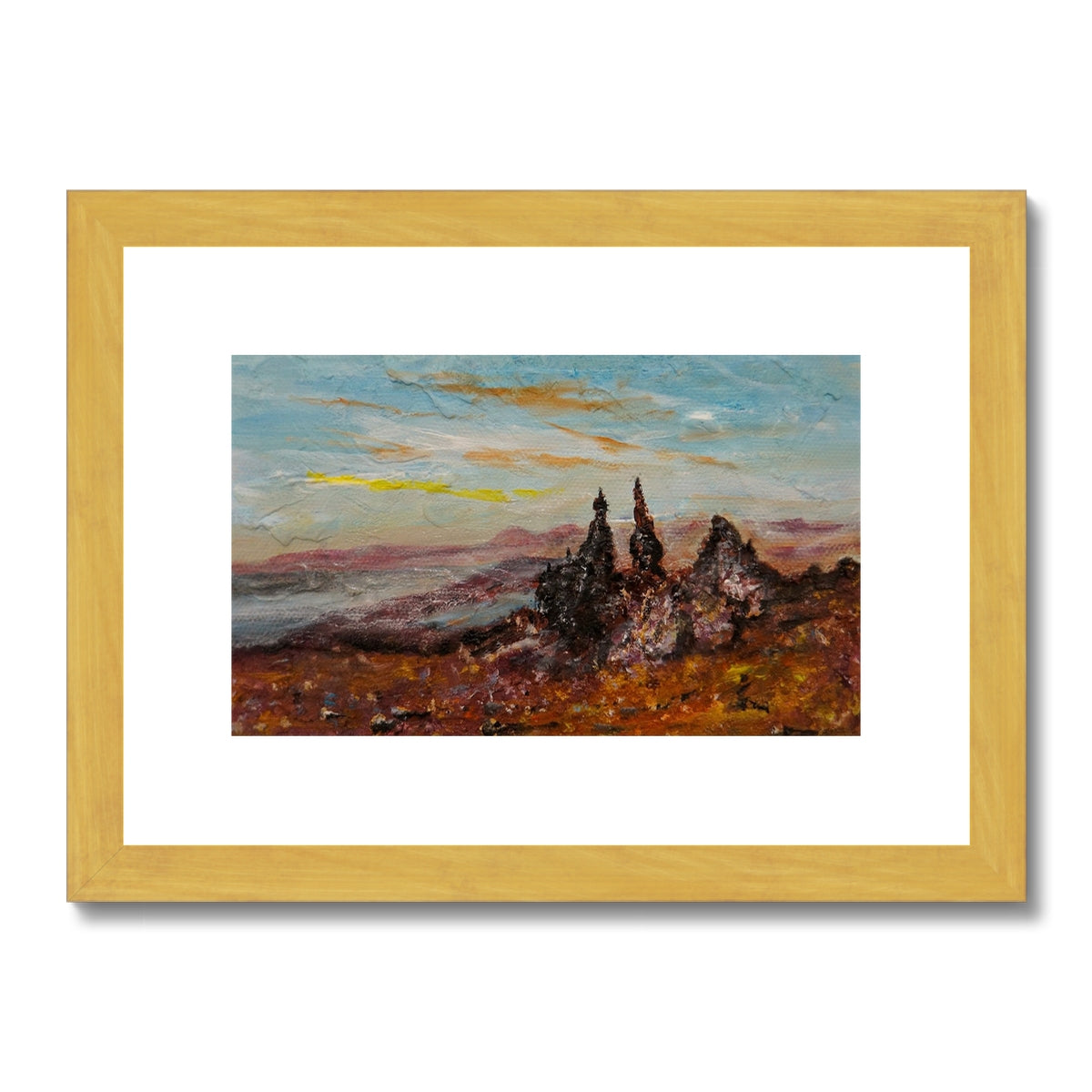The Storr Skye Painting | Antique Framed & Mounted Prints From Scotland-Antique Framed & Mounted Prints-Skye Art Gallery-A4 Landscape-Gold Frame-Paintings, Prints, Homeware, Art Gifts From Scotland By Scottish Artist Kevin Hunter