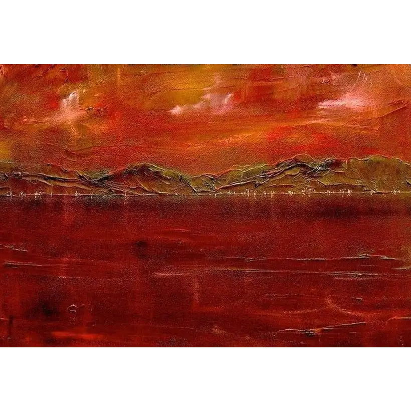 Textured red landscape painting from Deep Clyde Dusk dusk art prints by a Scottish artist