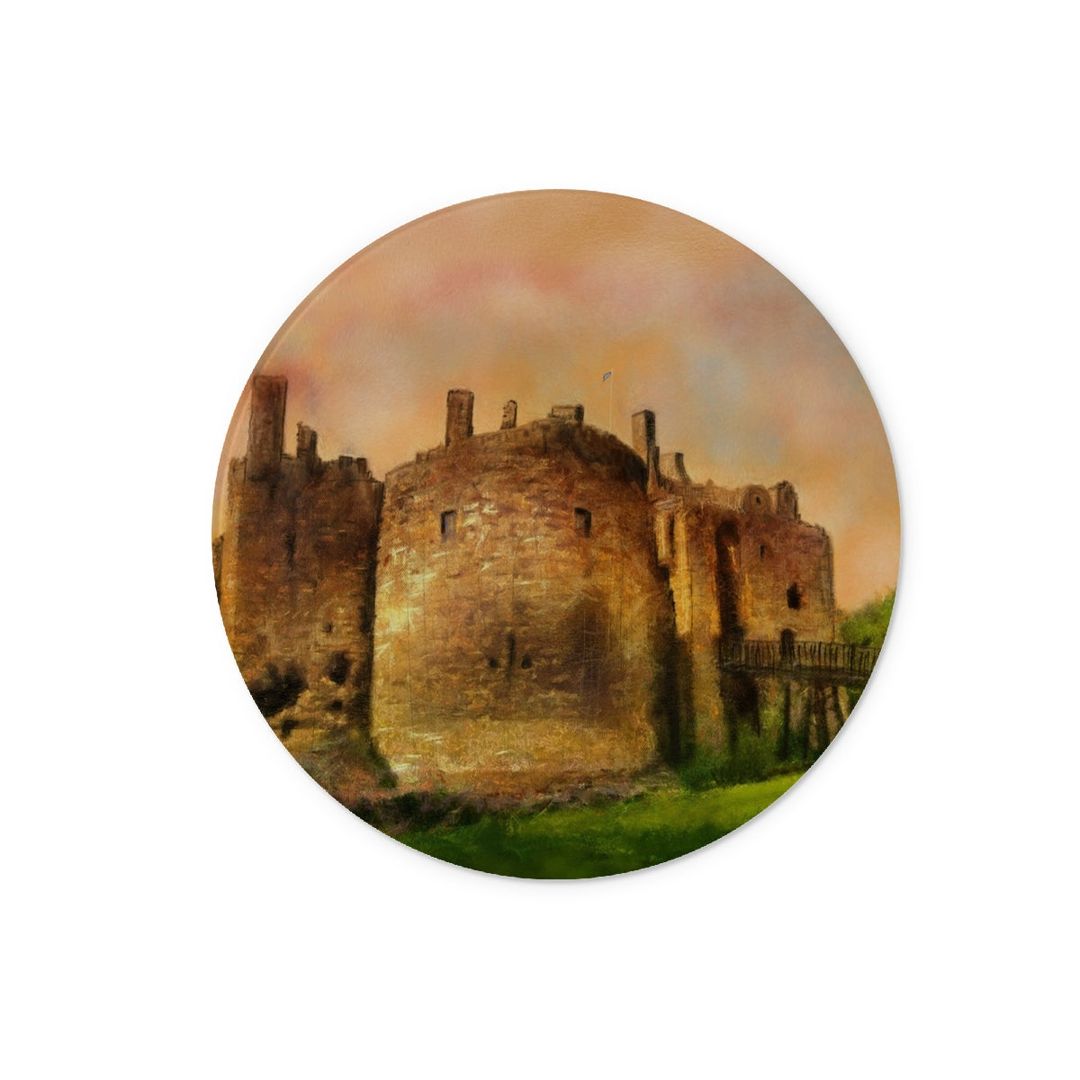 Dirleton Castle Art Gifts Glass Chopping Board | Historic &amp; Iconic Scotland Art Gallery | Paintings, Prints, Homeware and Art Gifts From Scotland By Scottish Artist Kevin Hunter