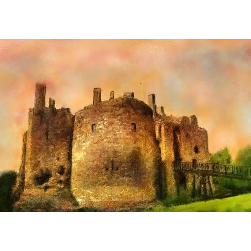 Weathered stone castle at dusk in Dirleton Castle Dusk art print by Scottish artist