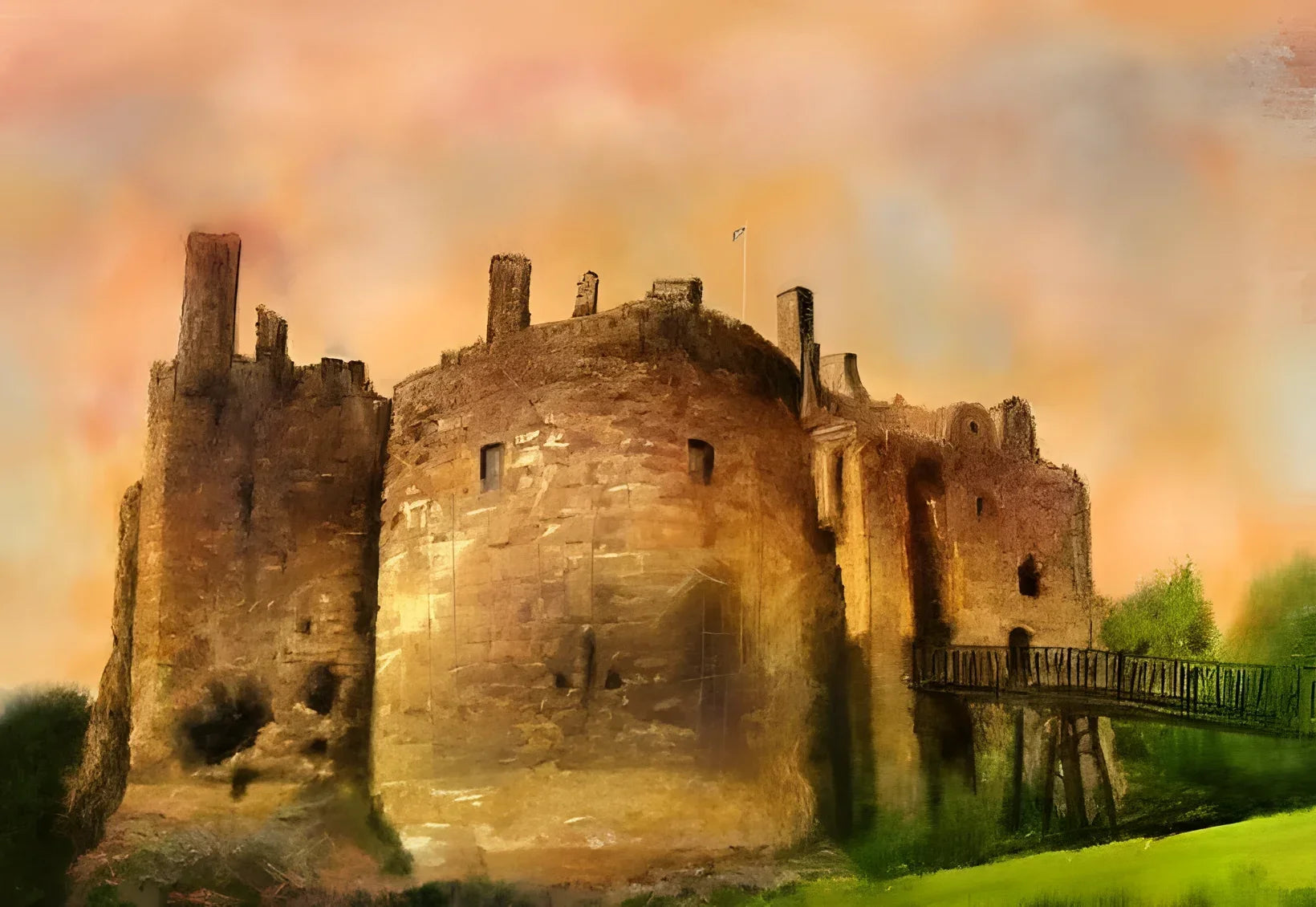 Dirleton Castle Dusk - Historic & Iconic Art Gallery Scotland Worldwide Shipping Weathered Stone Castle Scottish Castles Paintings and Fine