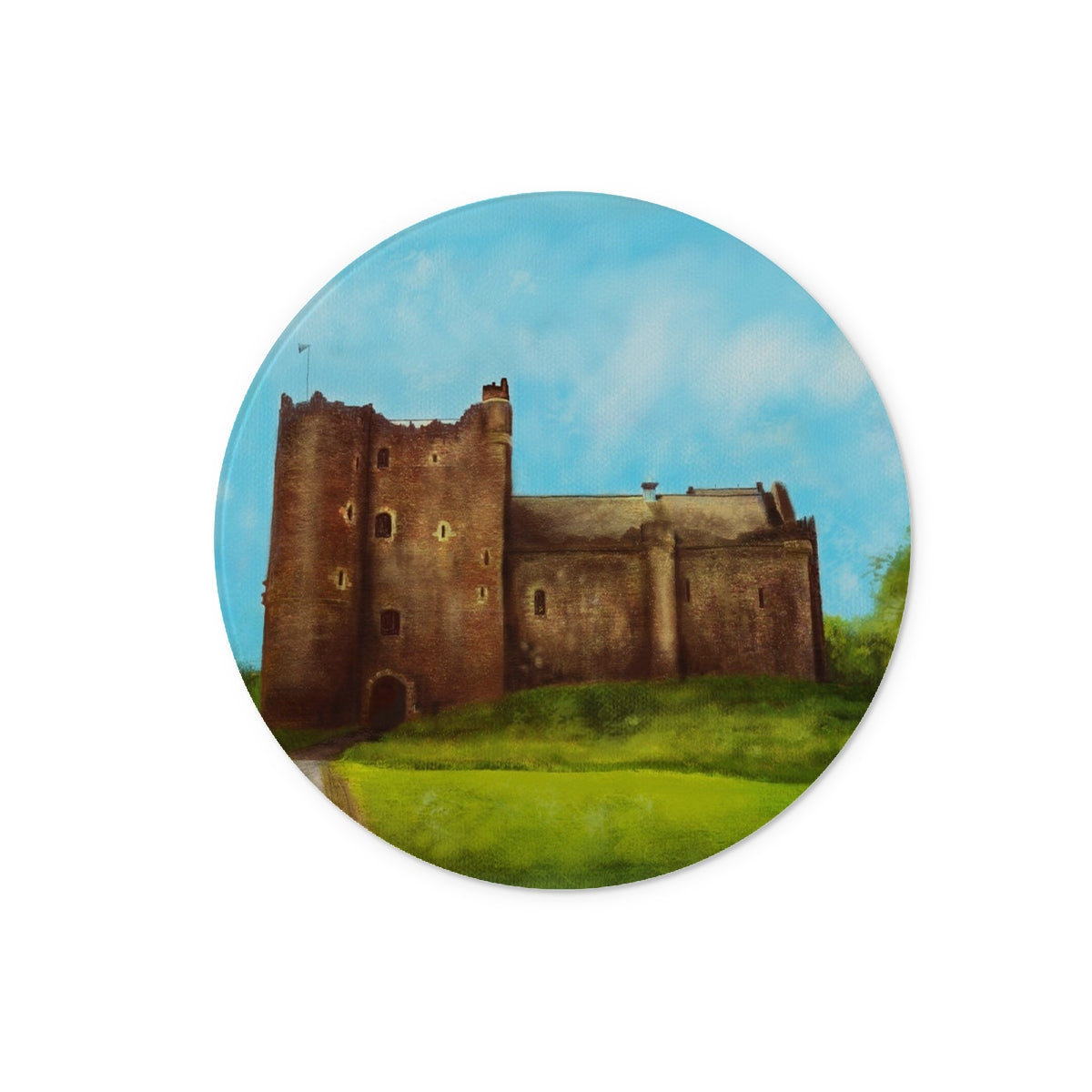 Doune Castle Art Gifts Glass Chopping Board | Historic &amp; Iconic Scotland Art Gallery | Paintings, Prints, Homeware and Art Gifts From Scotland By Scottish Artist Kevin Hunter