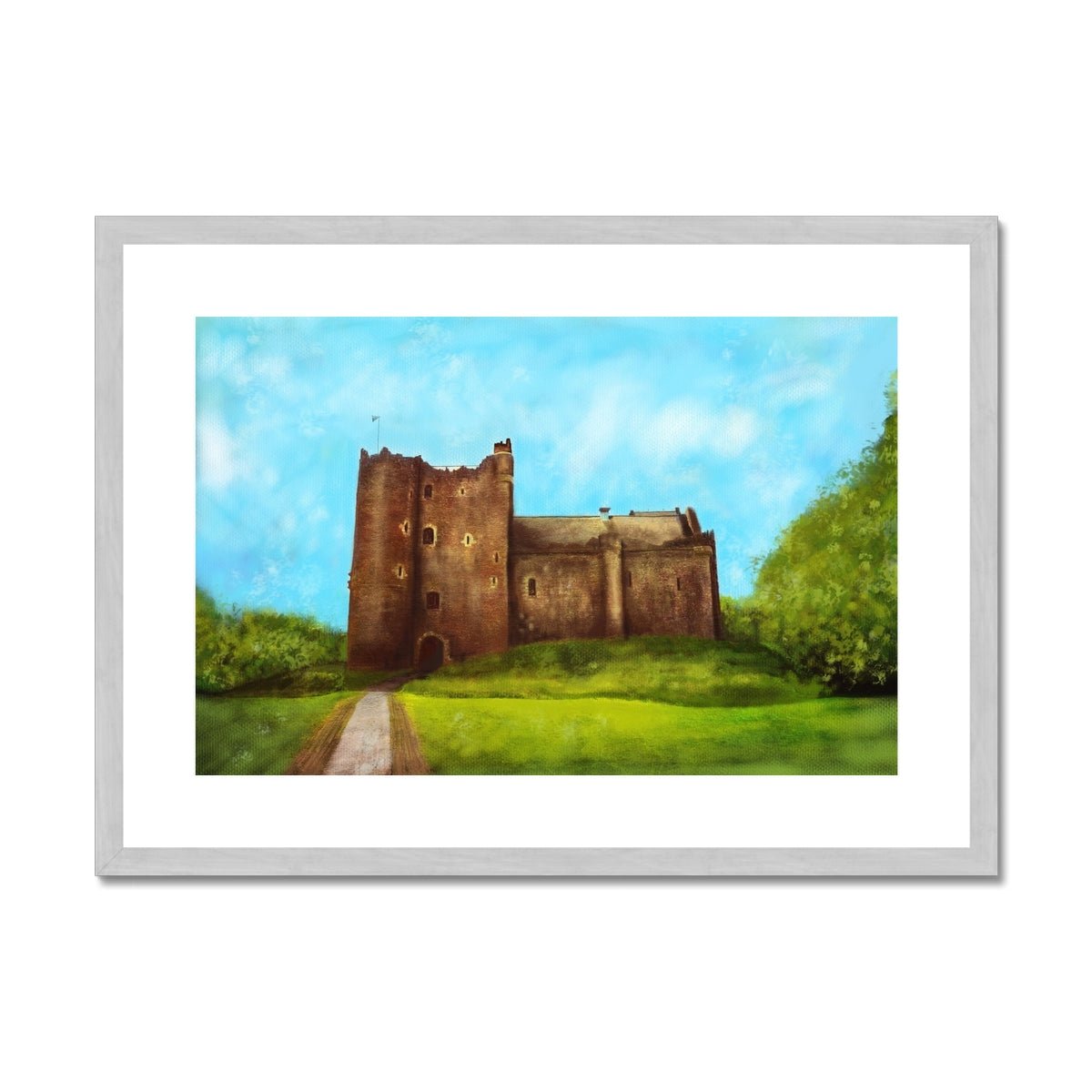 Doune Castle Painting | Antique Framed & Mounted Prints From Scotland-Antique Framed & Mounted Prints-Historic & Iconic Scotland Art Gallery-A2 Landscape-Silver Frame-Paintings, Prints, Homeware, Art Gifts From Scotland By Scottish Artist Kevin Hunter
