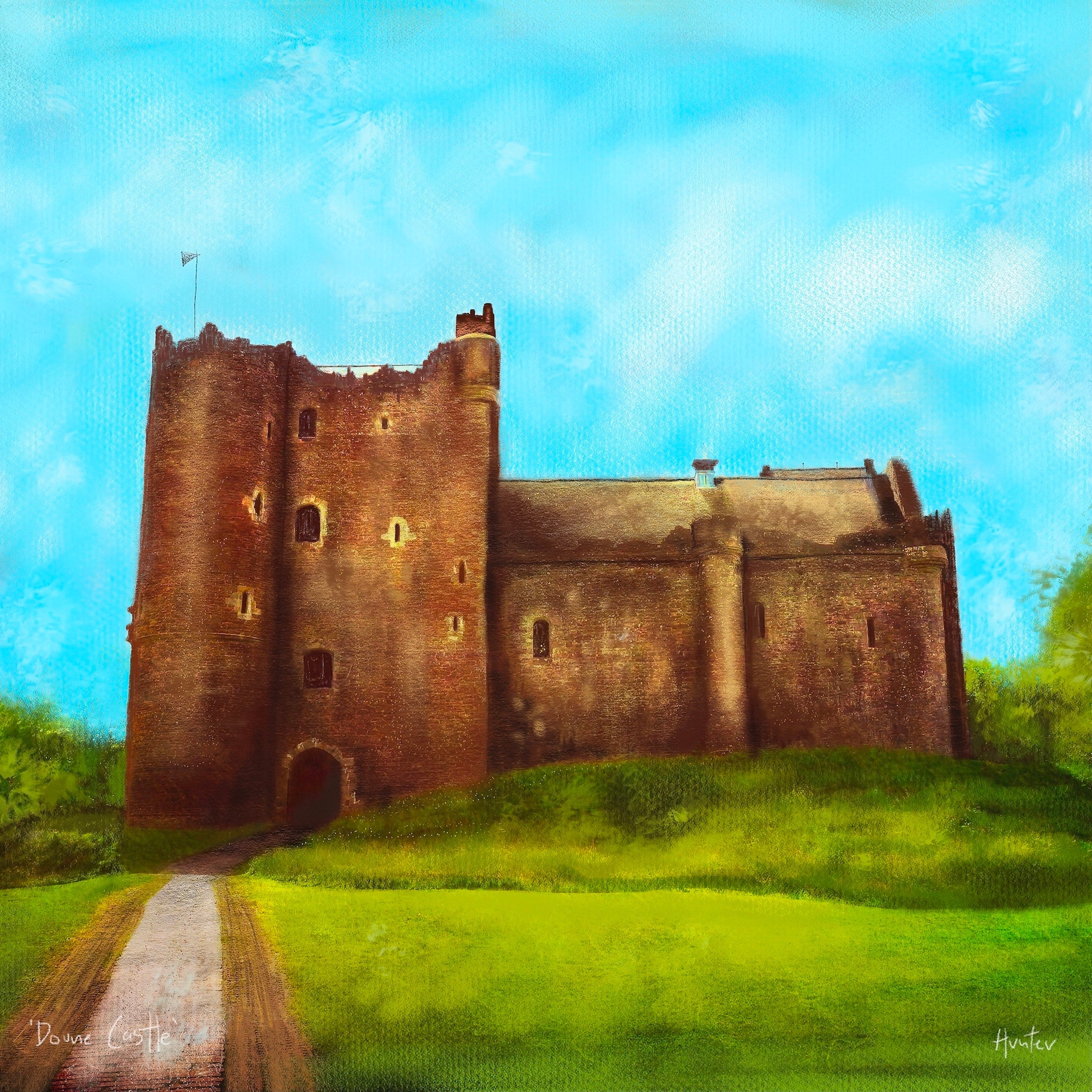 Doune Castle | Scotland In Your Pocket Art Print-Scotland In Your Pocket Framed Prints-Historic & Iconic Scotland Art Gallery-Mounted & Cello Bag: 12.5x12.5 cm-Black Frame-Paintings, Prints, Homeware, Art Gifts From Scotland By Scottish Artist Kevin Hunter