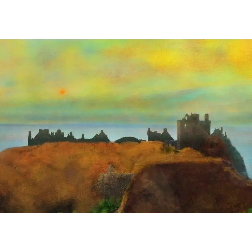 Coastal castle ruins at dusk, Dunnottar Castle Dusk Scottish artist art prints